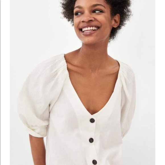 Zara puff short sleeve button up blouse Sz/ XS - Picture 2 of 9
